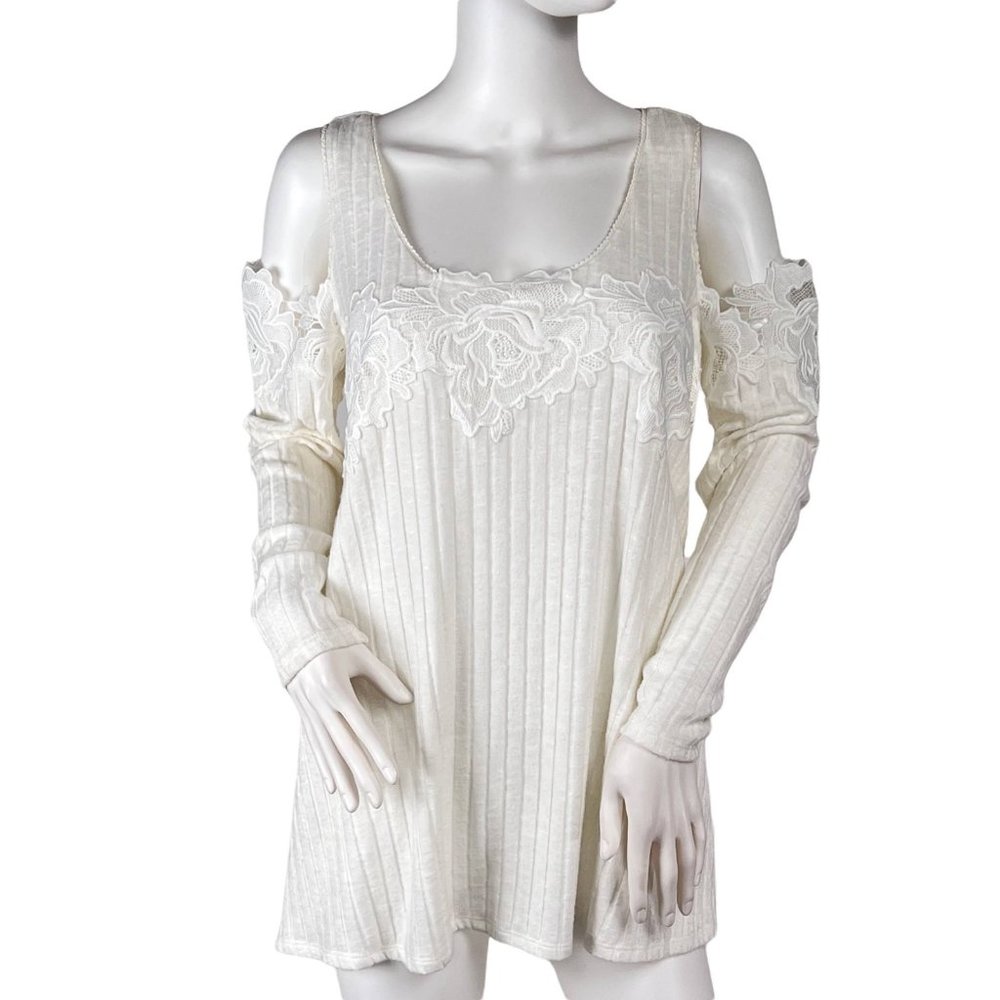 Vintage America Cream Cold Shoulder Lace Trim Ribbed Knit Boho Top Large NWT